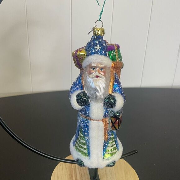 KSA Old World Glistening Santa Claus Toys Hanging Ornament Glass Blue 6" Tall - Picture 1 of 9
